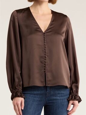 FRAME Silky Button Front Blouse Brown Puff Sleeve Size S NWT Nordstrom